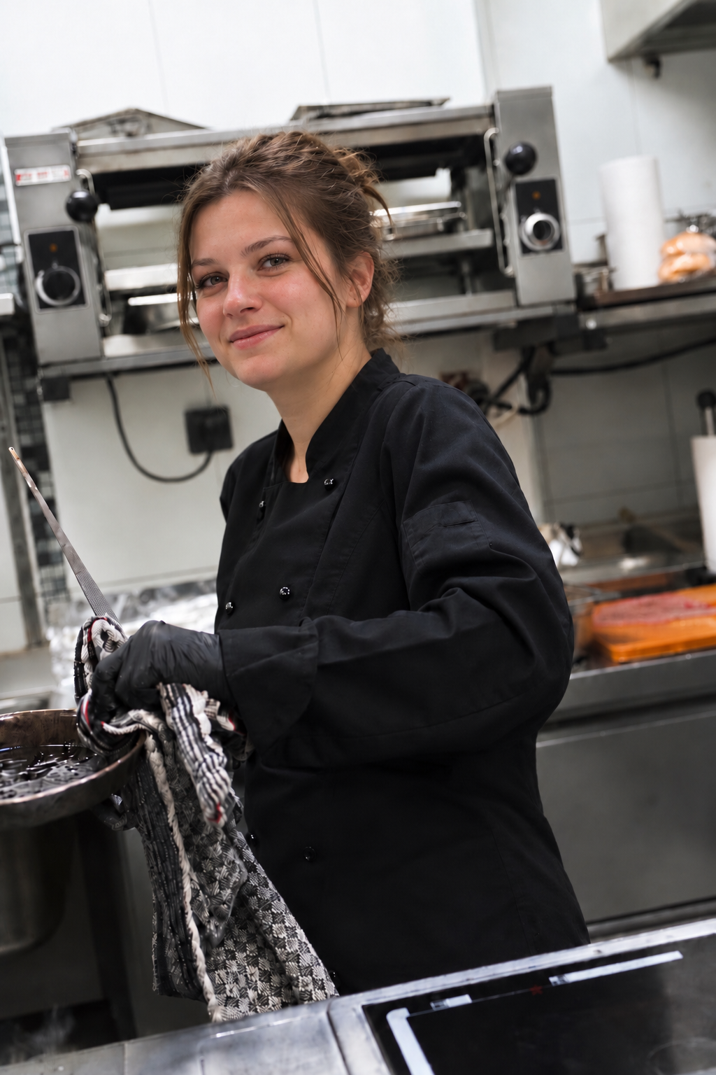 Eine Köchin in schwarzer Kochjacke hält eine Pfanne und ein Küchentuch in der Rosenmeer-Küche.